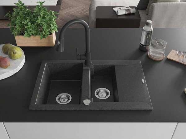 Mexen Gaspar гранитна мивка с 1,5 камери с оцедник и кухненски смесител Elia, черен напраштен - 6507-76-670101-70