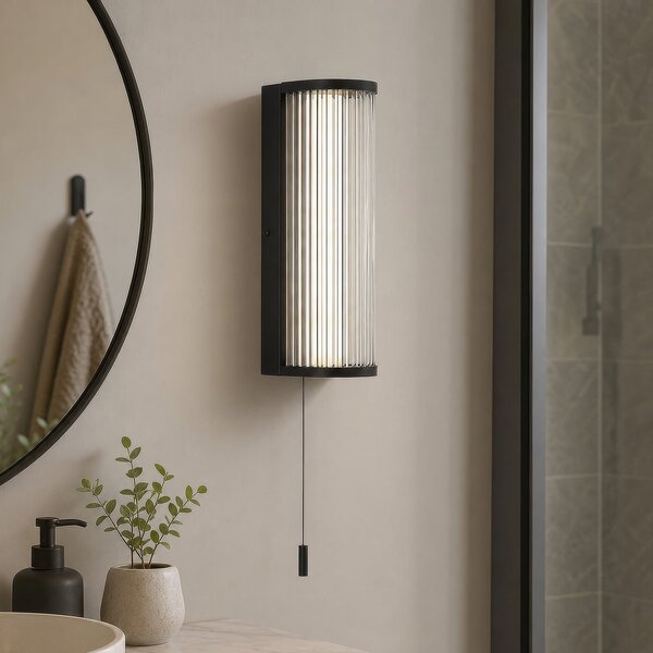 Searchlight LED стенна лампа „Rue“, черна, IP44, метал, стъкло, 3 000 K, Затъмняване, Черен, Баня, Метал
