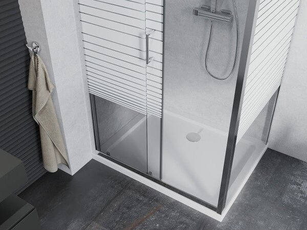 Mexen Apia плъзгаща се душ кабина 100 x 70 см, бели ивици, хром + корито Flat - 840-100-070-01-20-4010