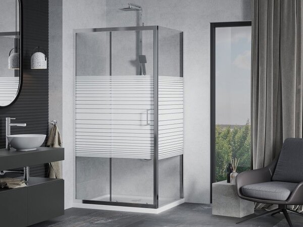 Mexen Apia плъзгаща се душ кабина 100 x 70 см, бели ивици, хром + корито Flat - 840-100-070-01-20-4010