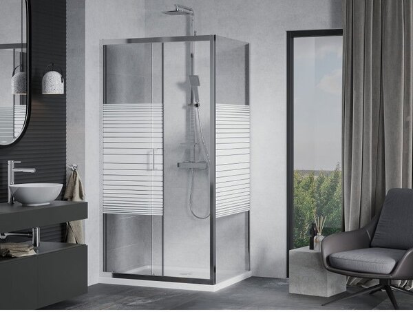 Mexen Apia плъзгаща се душ кабина 100 x 70 см, бели ивици, хром + корито Flat - 840-100-070-01-20-4010