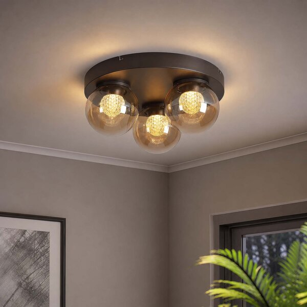 Searchlight LED таванна лампа „Solis“, 3-лампова, кръгла, бронзова, стъкло, 2 700 K, Затъмняване, Бронзов / античен месинг, Дневна/трапезария, Стъкло, Глобус
