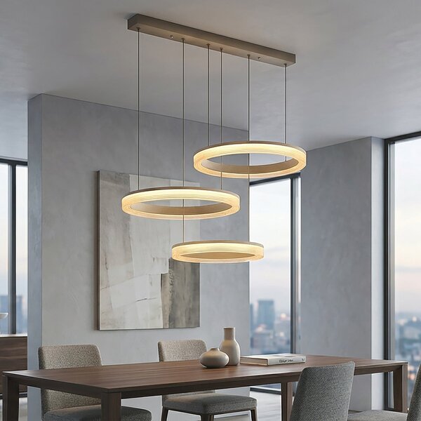 Searchlight LED висяща лампа Lumen Rings с 3 лампи, цвят пясък, CCT, желязо, възможност, Затъмняване, Бежов, Дневна/трапезария, Метал, Модерен