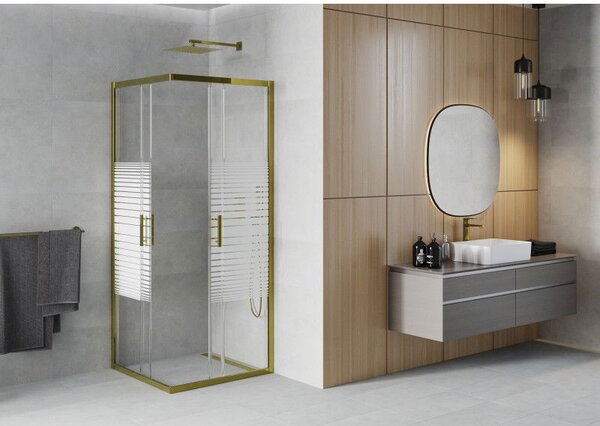 Mexen Rio Квадратна душ кабина 80 x 80 см, бели ивици, златна - 860-080-080-50-20