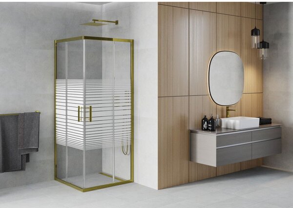 Mexen Rio Квадратна душ кабина 80 x 80 см, бели ивици, златна - 860-080-080-50-20