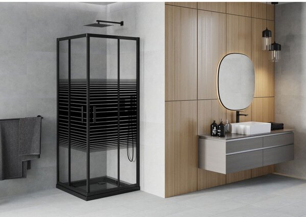 Mexen Rio квадратна душ кабина 80 x 80 см, черни ленти, черна + поддушово корито Flat, черно - 860-080-080-70-20-4070B