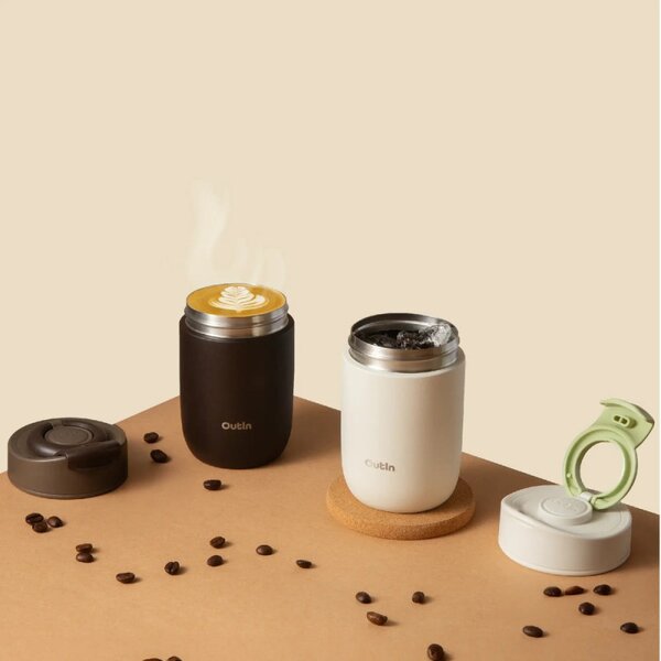 Термочаша Outin Travel Tumbler, 350 мл, Топло 6ч, Студено 12ч, Неръждаема стомана 316L, Двойни стени, Вакуумна изолация, Пясъчно бял