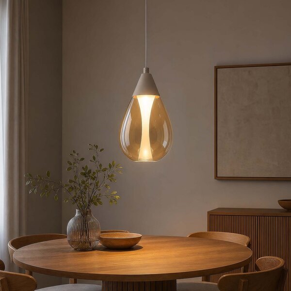 Searchlight LED висяща лампа „Pear“, 1-лампова, бежова, стъкло в цвят кехлибар, 3 000 K, Затъмняване, Бежов, Дневна/трапезария, Стъкло, Модерен