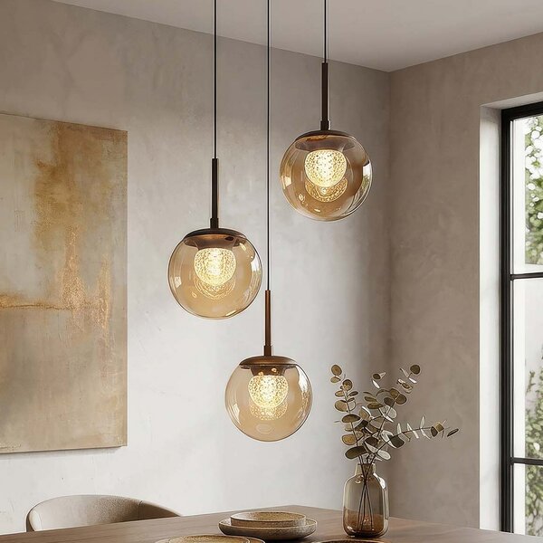 Searchlight LED висяща лампа „Solis“, с 3 лампи, кръгла, бронзова, стъклена, 2 700 K, Затъмняване, Бронзов / античен месинг, Дневна/трапезария, Стъкло, Глобус