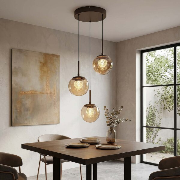 Searchlight LED висяща лампа „Solis“, с 3 лампи, кръгла, бронзова, стъклена, 2 700 K, Затъмняване, Бронзов / античен месинг, Дневна/трапезария, Стъкло, Глобус