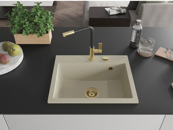 Mexen Oscar гранитна мивка с 1 отделение 580 x 490 mm, бежово, сифон златист - 6519581000-69-G