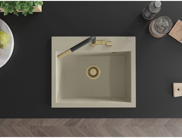 Mexen Oscar гранитна мивка с 1 отделение 580 x 490 mm, бежово, сифон златист - 6519581000-69-G