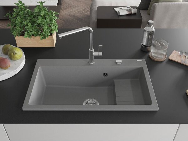 Mexen Omar кухненска мивка от гранит с 1 отделение 800 x 480 mm, сив, сифон хром - 6520801005-71