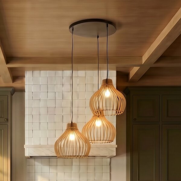 TEMAR LIGHTING Висяща лампа Barrel с дървени абажури, 3-лампена, кръгла, Затъмняване, Дърво, Дневна/трапезария, Дървесина, Къща в провинцията / Рустик