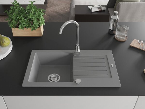 Mexen Pablo гранитна мивка с една камера и отцедник 752 x 436 mm, сива, сифон хром - 6510751010-71