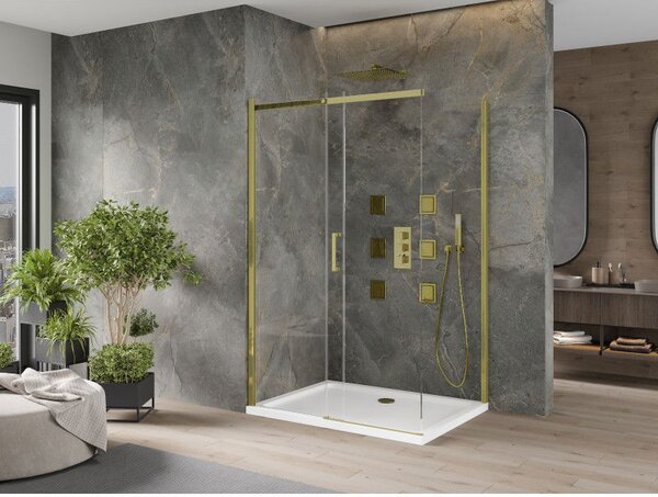 Mexen Omega плъзгаща се душ кабина 120 x 90 см, прозрачна, златна + тава Flat