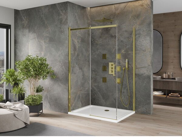 Mexen Omega плъзгаща се душ кабина 120 x 90 см, прозрачна, златна + тава Flat