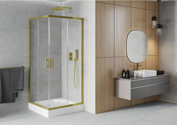 Mexen Rio квадратна душ кабина 90 x 90 cm, прозрачна, златиста + бял душ корито Rio - 860-090-090-50-00-4510