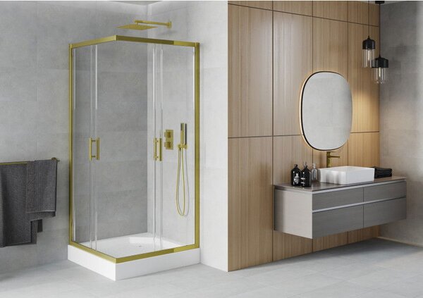 Mexen Rio квадратна душ кабина 90 x 90 cm, прозрачна, златиста + бял душ корито Rio - 860-090-090-50-00-4510