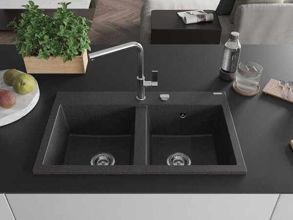 Mexen Hektor гранитна мивка с 2 камери 800 x 480 mm, черна на пръски, хромиран сифон - 6521802000-76