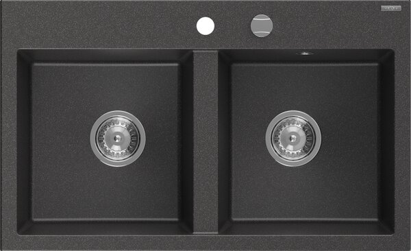 Mexen Hektor гранитна мивка с 2 камери 800 x 480 mm, черна на пръски, хромиран сифон - 6521802000-76