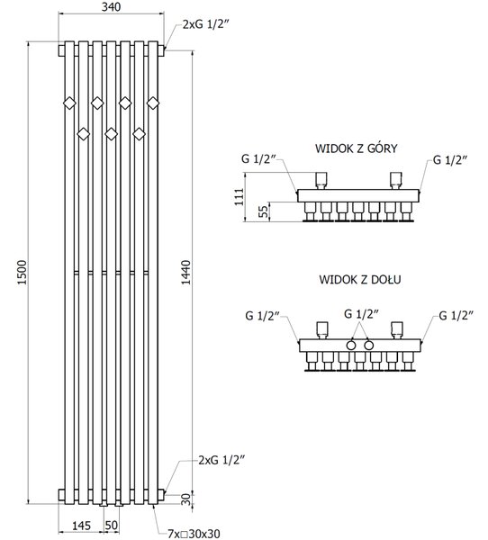 Mexen Flux декоративен радиатор за баня 1500 x 340 мм, 630 W, черен - W127-1500-340-00-70