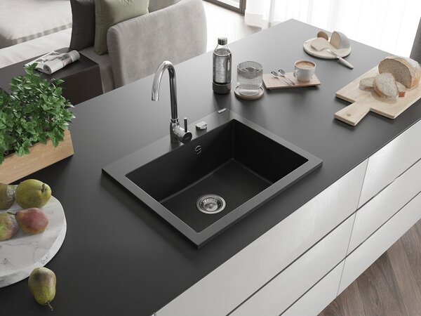 Mexen Elix гранитна мивка с една камера 600 x 500 mm, черна, хромиран сифон - 6525601005-77