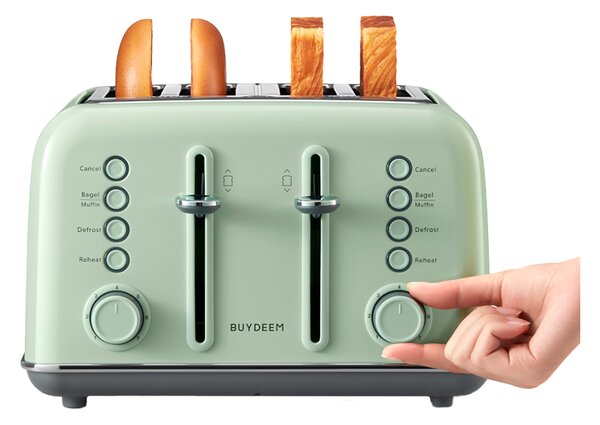 Тостер за хляб BUYDEEM DT640E, 1800W, 4 слота, 7 автоматични програми, 7 степени на препичане, LED индикатори, Тави за трохички, Високо изскачане, Зелен