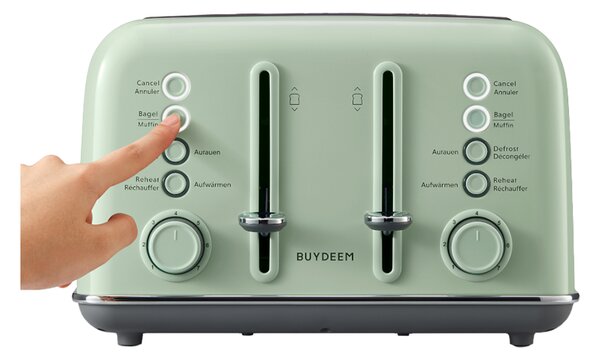 Тостер за хляб BUYDEEM DT640E, 1800W, 4 слота, 7 автоматични програми, 7 степени на препичане, LED индикатори, Тави за трохички, Високо изскачане, Зелен