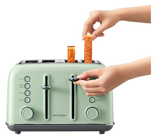 Тостер за хляб BUYDEEM DT640E, 1800W, 4 слота, 7 автоматични програми, 7 степени на препичане, LED индикатори, Тави за трохички, Високо изскачане, Зелен