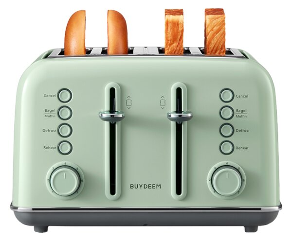 Тостер за хляб BUYDEEM DT640E, 1800W, 4 слота, 7 автоматични програми, 7 степени на препичане, LED индикатори, Тави за трохички, Високо изскачане, Зелен