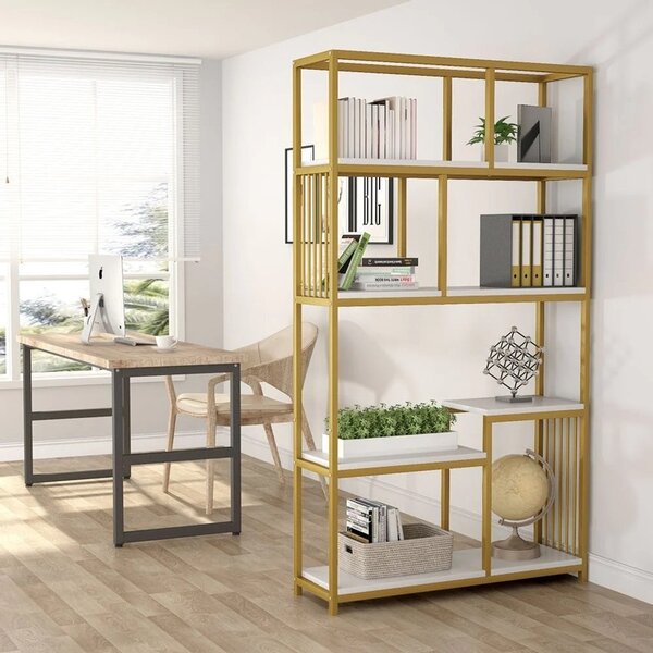 Библиотека с рафтове, Denver, Pako World, метал, златист, с ефект на бял мрамор, 100x30x180 см
