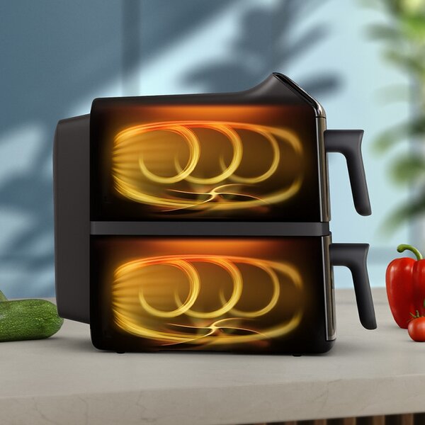 Двоен вертикален фритюрник с горещ въздух Philips Dual Stack 4000 NA460/00, 2750W, 10 л, 13 програми, 40-220°C, Синхронизация, Керамично покритие без PFAS, Прозорец, Черен