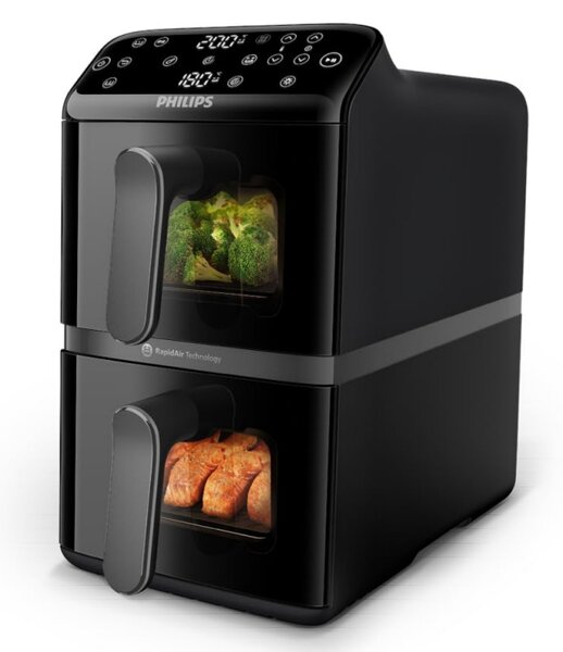 Двоен вертикален фритюрник с горещ въздух Philips Dual Stack 4000 NA460/00, 2750W, 10 л, 13 програми, 40-220°C, Синхронизация, Керамично покритие без PFAS, Прозорец, Черен