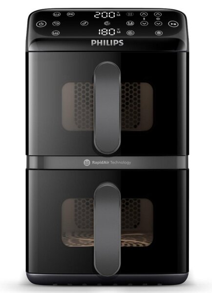 Двоен вертикален фритюрник с горещ въздух Philips Dual Stack 4000 NA460/00, 2750W, 10 л, 13 програми, 40-220°C, Синхронизация, Керамично покритие без PFAS, Прозорец, Черен