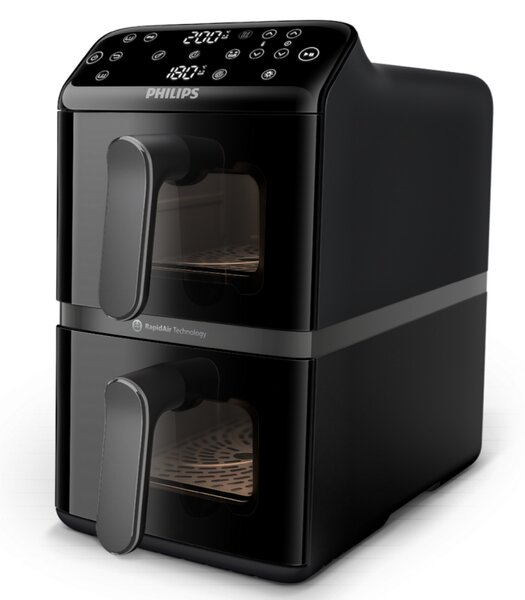 Двоен вертикален фритюрник с горещ въздух Philips Dual Stack 4000 NA460/00, 2750W, 10 л, 13 програми, 40-220°C, Синхронизация, Керамично покритие без PFAS, Прозорец, Черен
