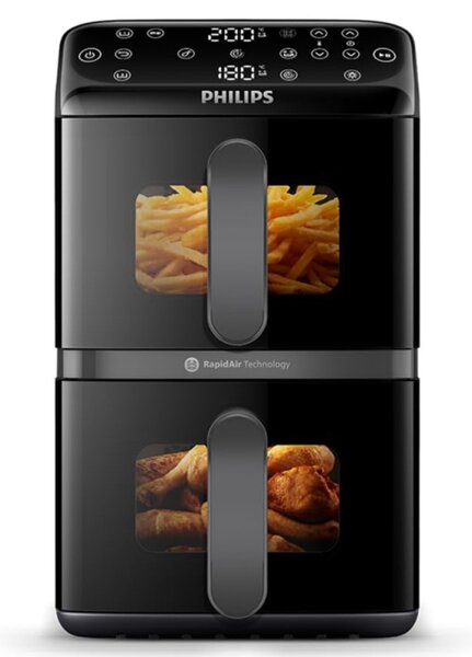 Двоен вертикален фритюрник с горещ въздух Philips Dual Stack 4000 NA460/00, 2750W, 10 л, 13 програми, 40-220°C, Синхронизация, Керамично покритие без PFAS, Прозорец, Черен