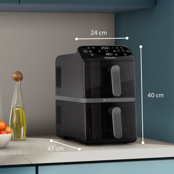 Двоен вертикален фритюрник с горещ въздух Philips Dual Stack 4000 NA460/00, 2750W, 10 л, 13 програми, 40-220°C, Синхронизация, Керамично покритие без PFAS, Прозорец, Черен