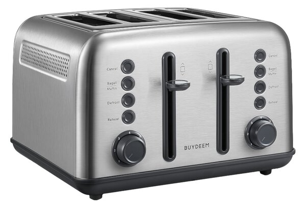 Тостер за хляб BUYDEEM DT640E, 1800W, 4 слота, 7 автоматични програми, 7 степени на препичане, LED индикатори, Тави за трохички, Високо изскачане, Инокс