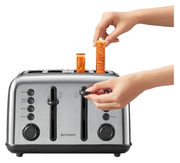 Тостер за хляб BUYDEEM DT640E, 1800W, 4 слота, 7 автоматични програми, 7 степени на препичане, LED индикатори, Тави за трохички, Високо изскачане, Инокс