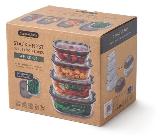 Комплект 4 бр кутии за храна Black+Blum Stack+Nest FBGR-BX-PACK4, 0.38/0.6/0.9/1.2 л, Правоъгълни, Подходящи за фурна, Без BPA, Неръждаема стомана, Сив/Червен