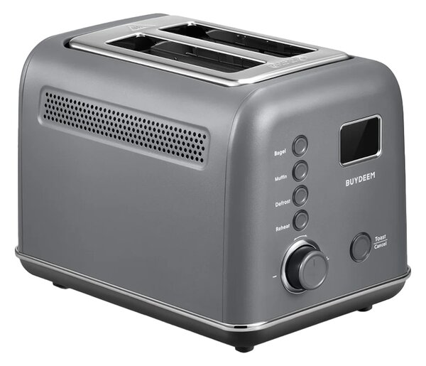 Тостер за хляб BUYDEEM DT730E, 900W, 2 слота, 9 автоматични програми, 9 степени на препичане, Иноксов корпус, LCD дисплей, LED индикатори, Самоцентриране, Таймер, Сив