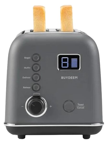 Тостер за хляб BUYDEEM DT730E, 900W, 2 слота, 9 автоматични програми, 9 степени на препичане, Иноксов корпус, LCD дисплей, LED индикатори, Самоцентриране, Таймер, Сив