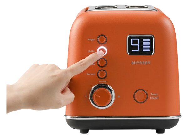 Тостер за хляб BUYDEEM DT730E, 900W, 2 слота, 9 автоматични програми, 9 степени на препичане, Иноксов корпус, LCD дисплей, LED индикатори, Самоцентриране, Таймер, Оранжев
