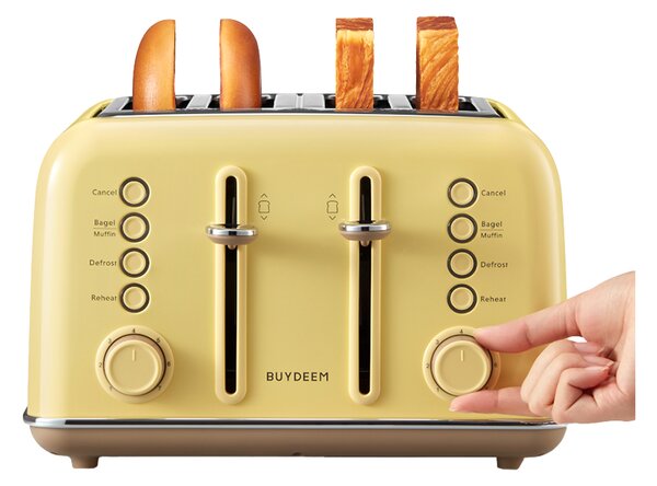 Тостер за хляб BUYDEEM DT640E, 1800W, 4 слота, 7 автоматични програми, 7 степени на препичане, LED индикатори, Тави за трохички, Високо изскачане, Жълт