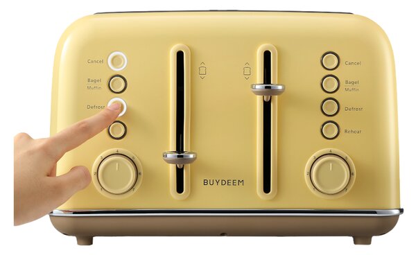 Тостер за хляб BUYDEEM DT640E, 1800W, 4 слота, 7 автоматични програми, 7 степени на препичане, LED индикатори, Тави за трохички, Високо изскачане, Жълт