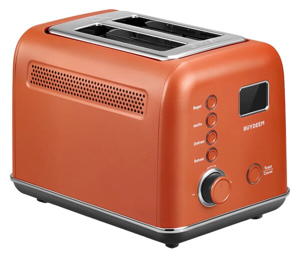Тостер за хляб BUYDEEM DT730E, 900W, 2 слота, 9 автоматични програми, 9 степени на препичане, Иноксов корпус, LCD дисплей, LED индикатори, Самоцентриране, Таймер, Оранжев