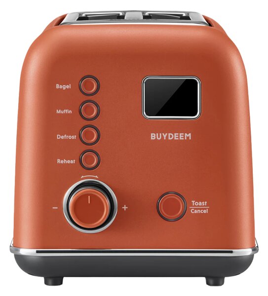 Тостер за хляб BUYDEEM DT730E, 900W, 2 слота, 9 автоматични програми, 9 степени на препичане, Иноксов корпус, LCD дисплей, LED индикатори, Самоцентриране, Таймер, Оранжев