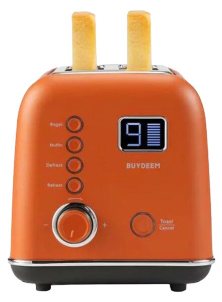 Тостер за хляб BUYDEEM DT730E, 900W, 2 слота, 9 автоматични програми, 9 степени на препичане, Иноксов корпус, LCD дисплей, LED индикатори, Самоцентриране, Таймер, Оранжев