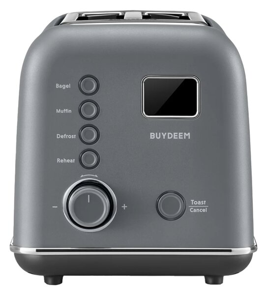 Тостер за хляб BUYDEEM DT730E, 900W, 2 слота, 9 автоматични програми, 9 степени на препичане, Иноксов корпус, LCD дисплей, LED индикатори, Самоцентриране, Таймер, Сив